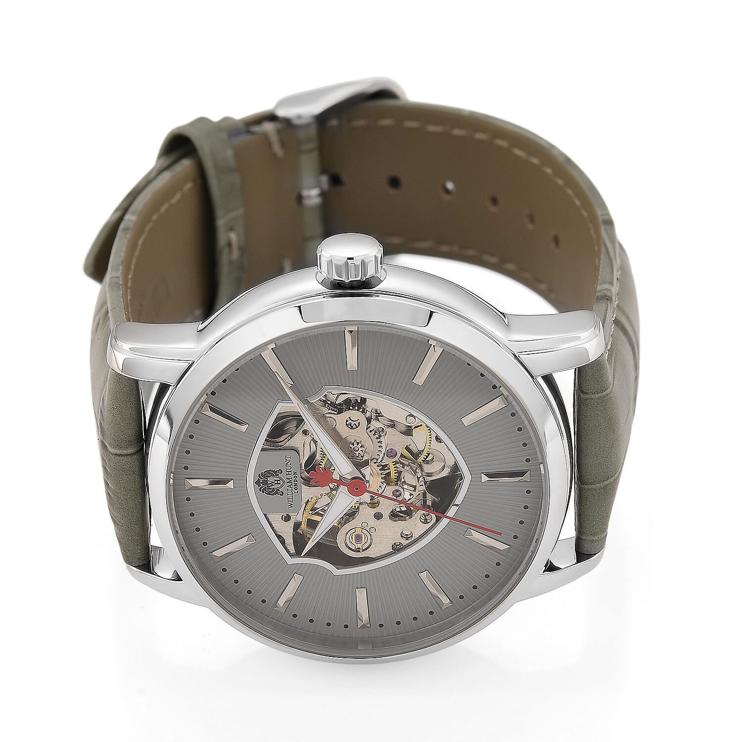 WILLIAM HUNT Automatic Movement 5 ATM Water Resistant Watch With Skeleton Display, Exhibition Back & Grey Leather Strap Presented in a Gift Box