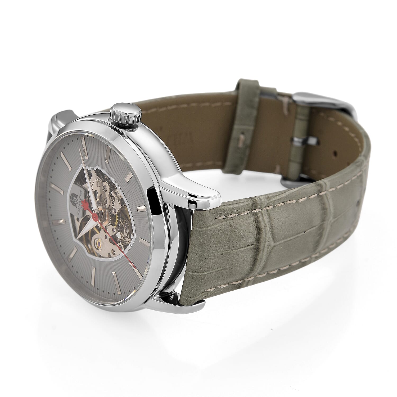 WILLIAM HUNT Automatic Movement 5 ATM Water Resistant Watch With Skeleton Display, Exhibition Back & Grey Leather Strap Presented in a Gift Box
