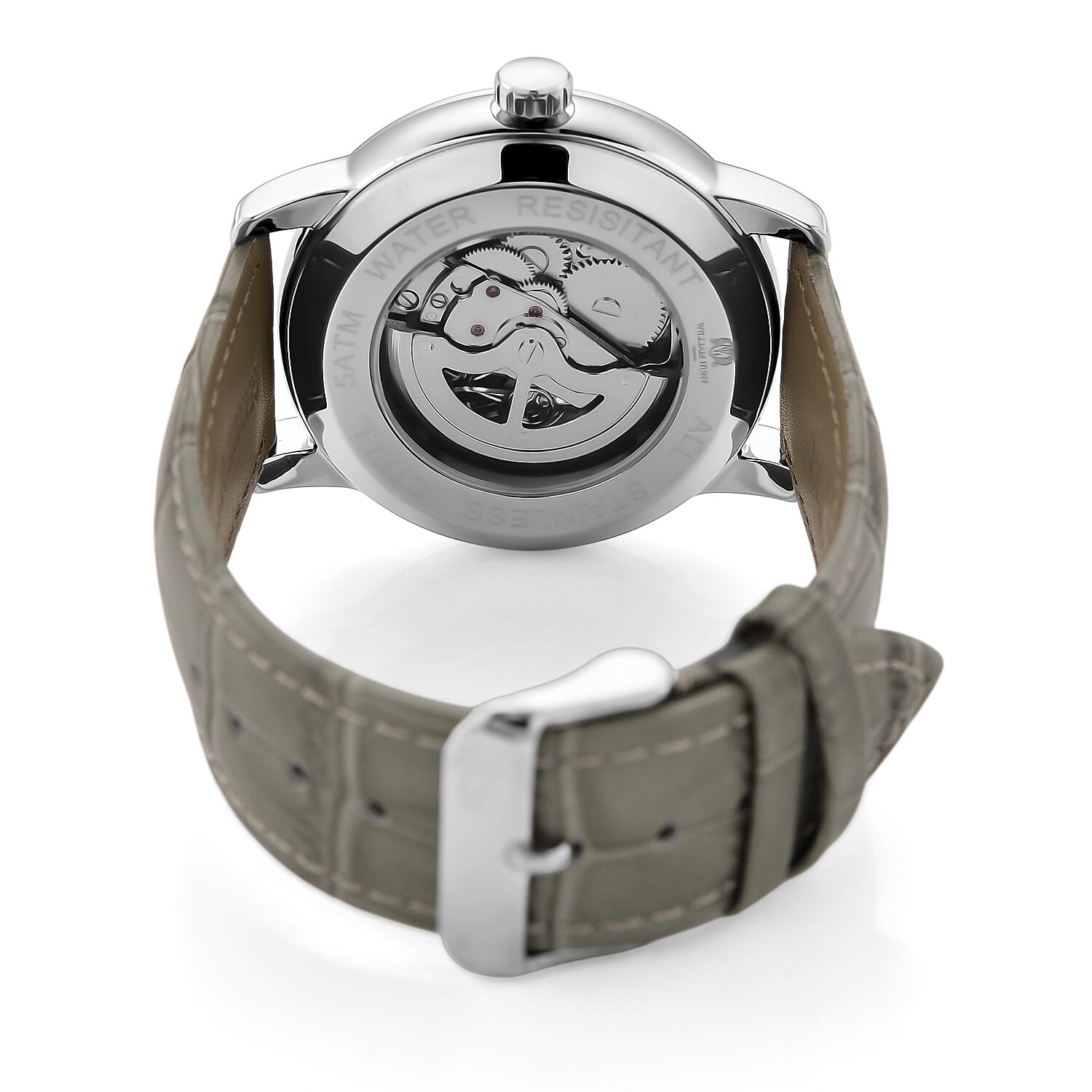 WILLIAM HUNT Automatic Movement 5 ATM Water Resistant Watch With Skeleton Display, Exhibition Back & Grey Leather Strap Presented in a Gift Box