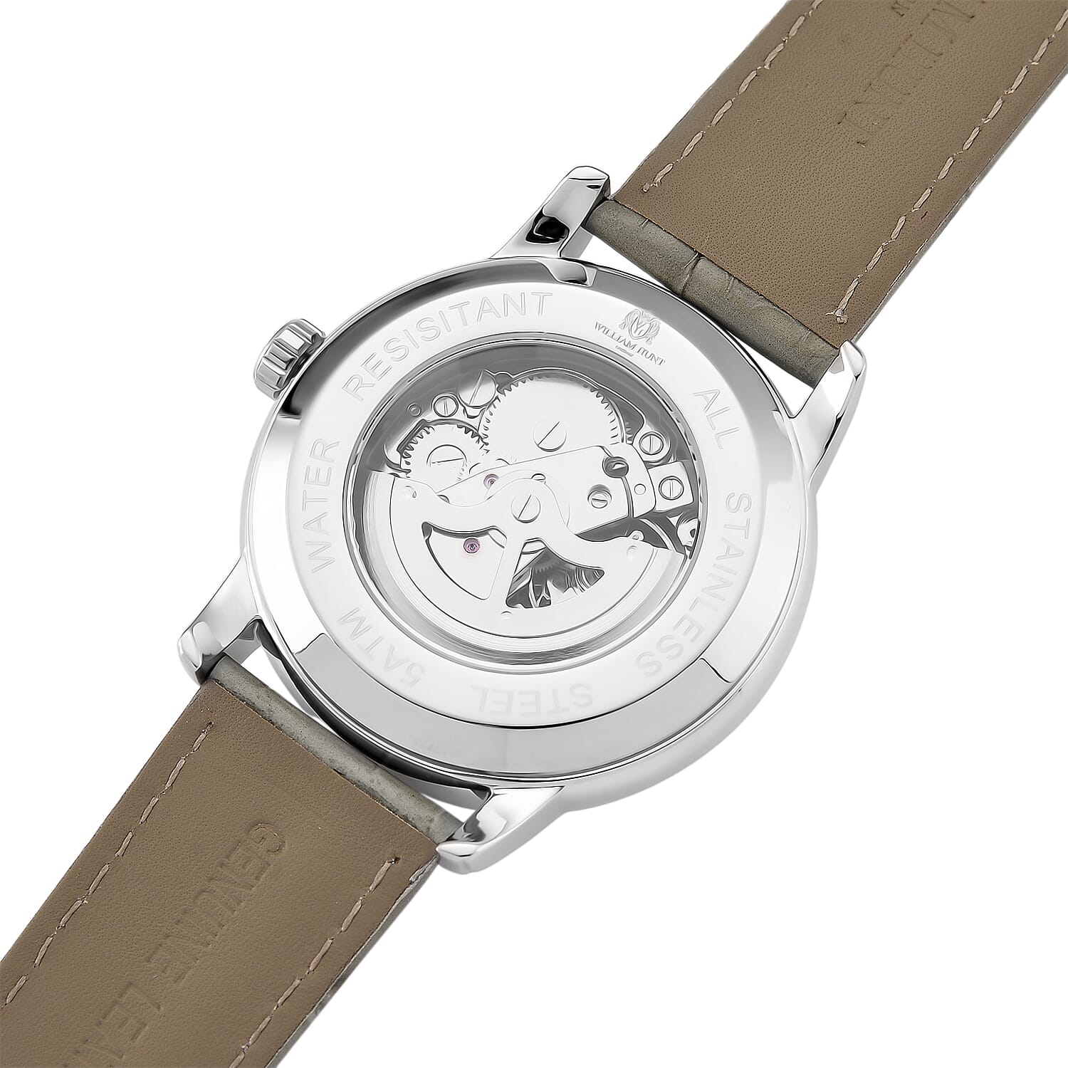 WILLIAM HUNT Automatic Movement 5 ATM Water Resistant Watch With Skeleton Display, Exhibition Back & Grey Leather Strap Presented in a Gift Box