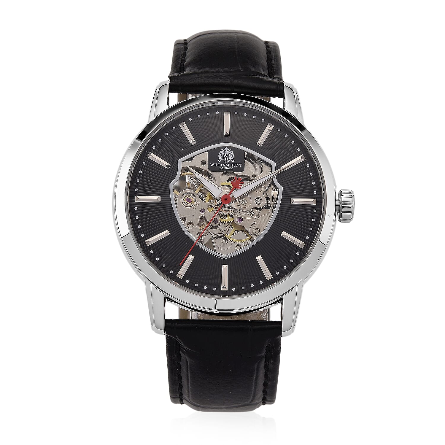 WILLIAM HUNT Automatic Movement 5 ATM Water Resistant Watch With Skeleton Display, Exhibition Back & Black Leather Strap Presented in a Gift Box