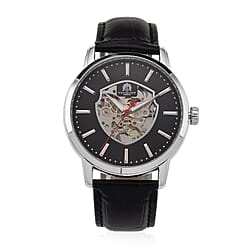 WILLIAM HUNT Automatic Movement 5 ATM Water Resistant Watch With Skeleton Display, Exhibition Back & Black Leather Strap Presented in a Gift Box