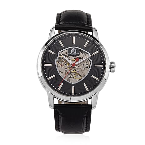 WILLIAM HUNT Automatic Movement 5 ATM Water Resistant Watch With Skeleton Display, Exhibition Back & Black Leather Strap Presented in a Gift Box