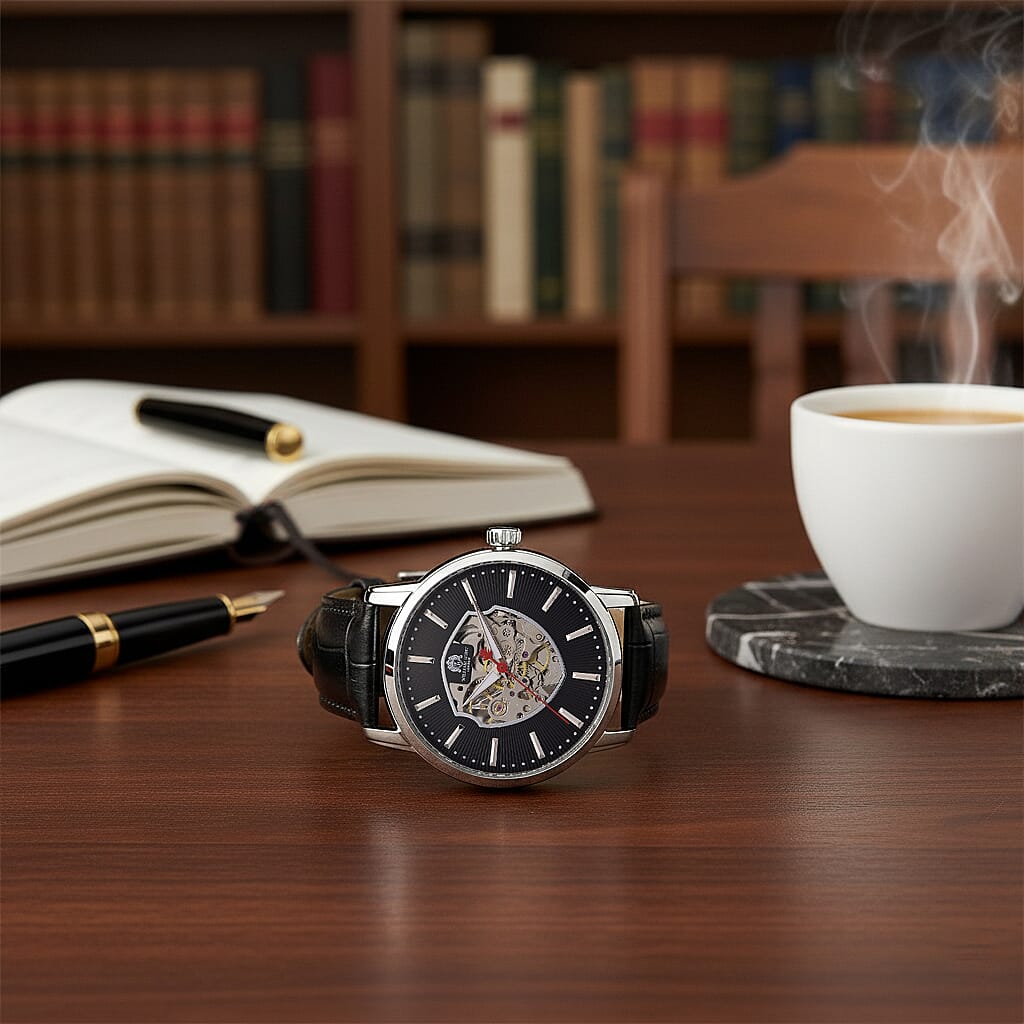 WILLIAM HUNT Automatic Movement 5 ATM Water Resistant Watch With Skeleton Display, Exhibition Back & Black Leather Strap Presented in a Gift Box