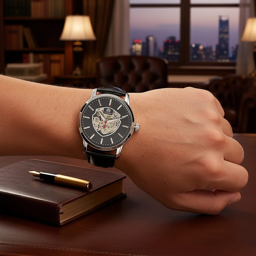 WILLIAM HUNT Automatic Movement 5 ATM Water Resistant Watch With Skeleton Display, Exhibition Back & Black Leather Strap Presented in a Gift Box