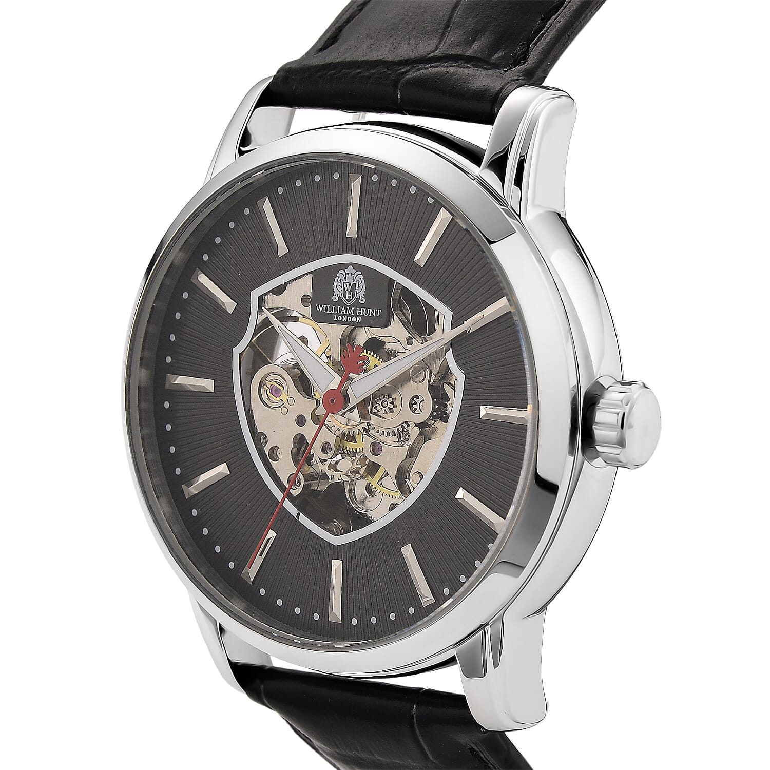 WILLIAM HUNT Automatic Movement 5 ATM Water Resistant Watch With Skeleton Display, Exhibition Back & Black Leather Strap Presented in a Gift Box
