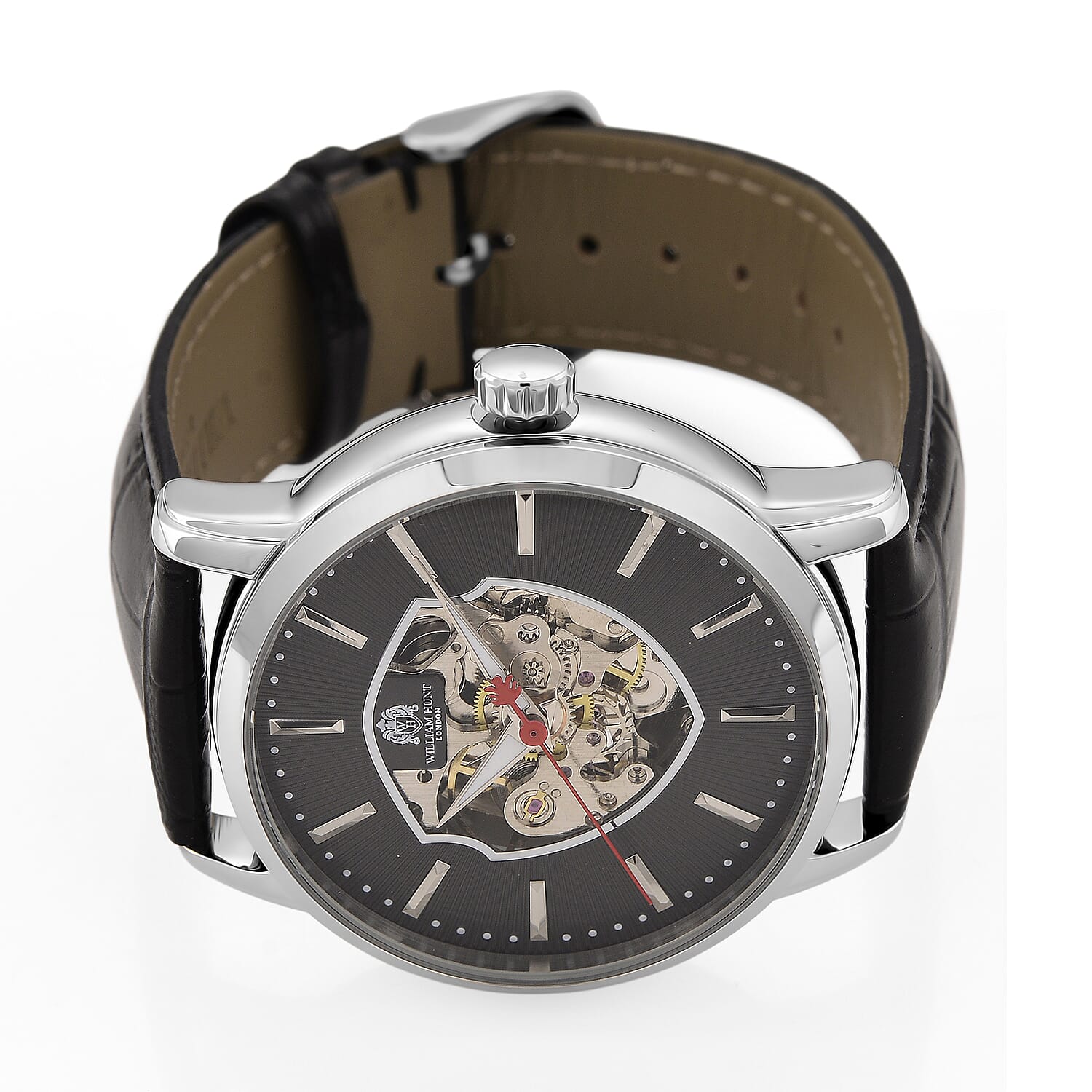 WILLIAM HUNT Automatic Movement 5 ATM Water Resistant Watch With Skeleton Display, Exhibition Back & Black Leather Strap Presented in a Gift Box