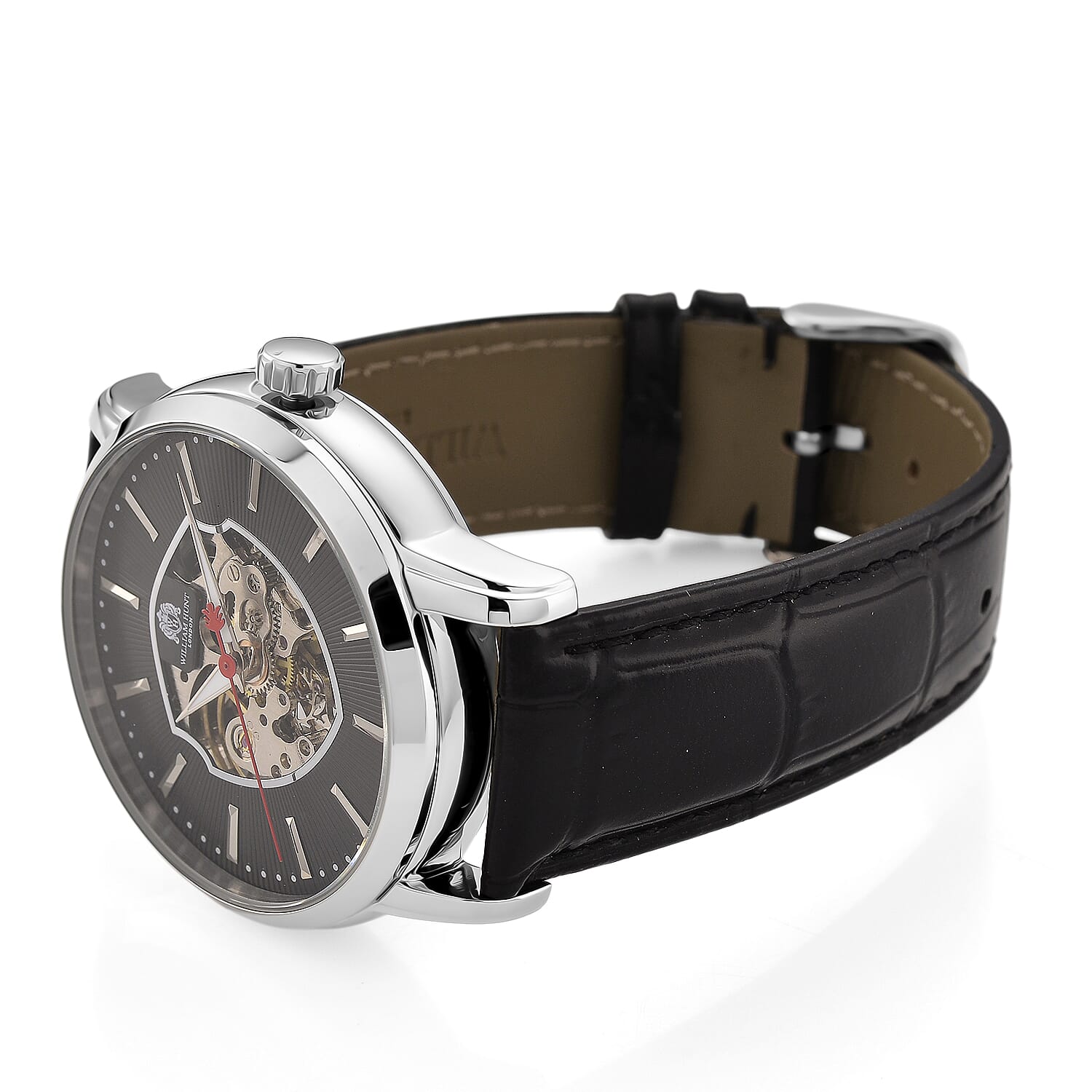 WILLIAM HUNT Automatic Movement 5 ATM Water Resistant Watch With Skeleton Display, Exhibition Back & Black Leather Strap Presented in a Gift Box
