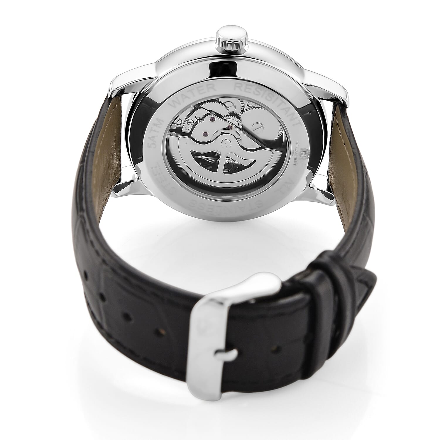 WILLIAM HUNT Automatic Movement 5 ATM Water Resistant Watch With Skeleton Display, Exhibition Back & Black Leather Strap Presented in a Gift Box