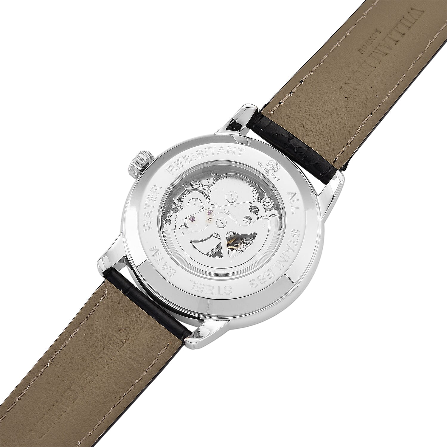 WILLIAM HUNT Automatic Movement 5 ATM Water Resistant Watch With Skeleton Display, Exhibition Back & Black Leather Strap Presented in a Gift Box