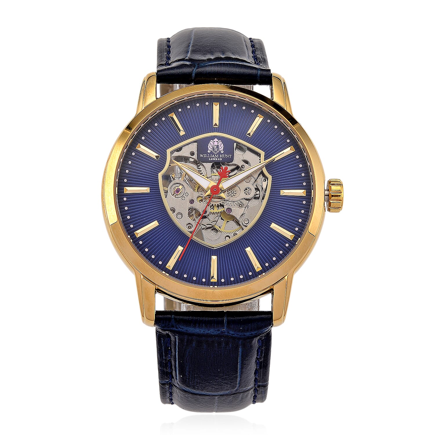 WILLIAM HUNT Automatic Movement 5 ATM Water Resistant Watch With Skeleton Display, Exhibition Back & Blue Leather Strap Presented in a Gift Box