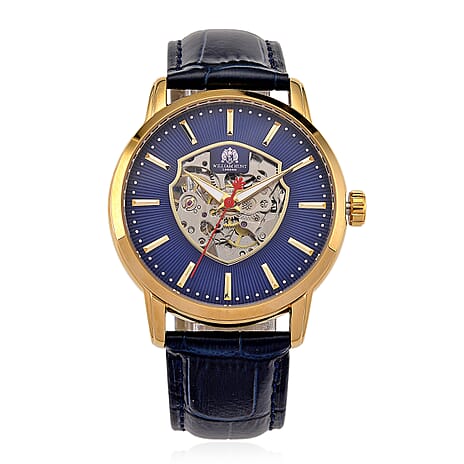 WILLIAM HUNT Automatic Movement 5 ATM Water Resistant Watch With Skeleton Display, Exhibition Back & Blue Leather Strap Presented in a Gift Box