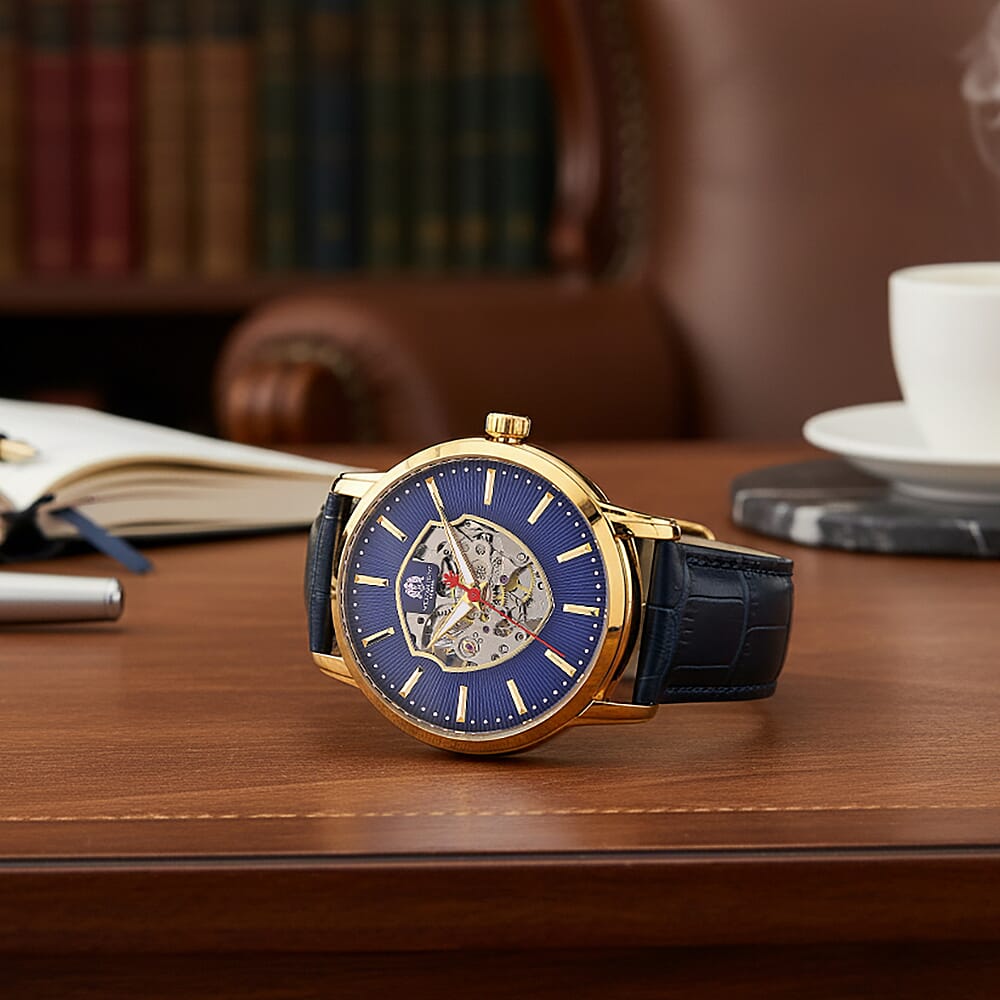 WILLIAM HUNT Automatic Movement 5 ATM Water Resistant Watch With Skeleton Display, Exhibition Back & Blue Leather Strap Presented in a Gift Box