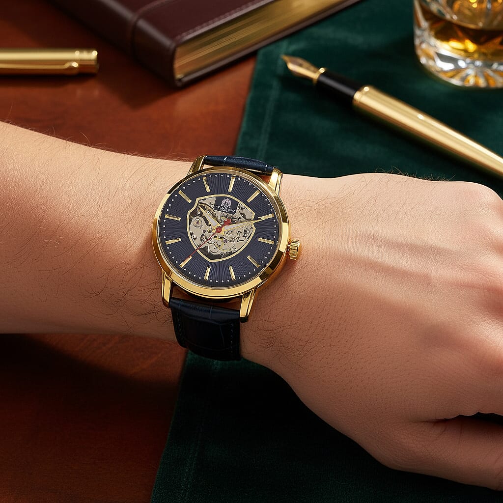 WILLIAM HUNT Automatic Movement 5 ATM Water Resistant Watch With Skeleton Display, Exhibition Back & Blue Leather Strap Presented in a Gift Box