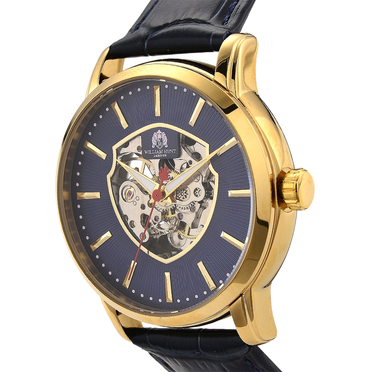 WILLIAM HUNT Automatic Movement 5 ATM Water Resistant Watch With Skeleton Display, Exhibition Back & Blue Leather Strap Presented in a Gift Box