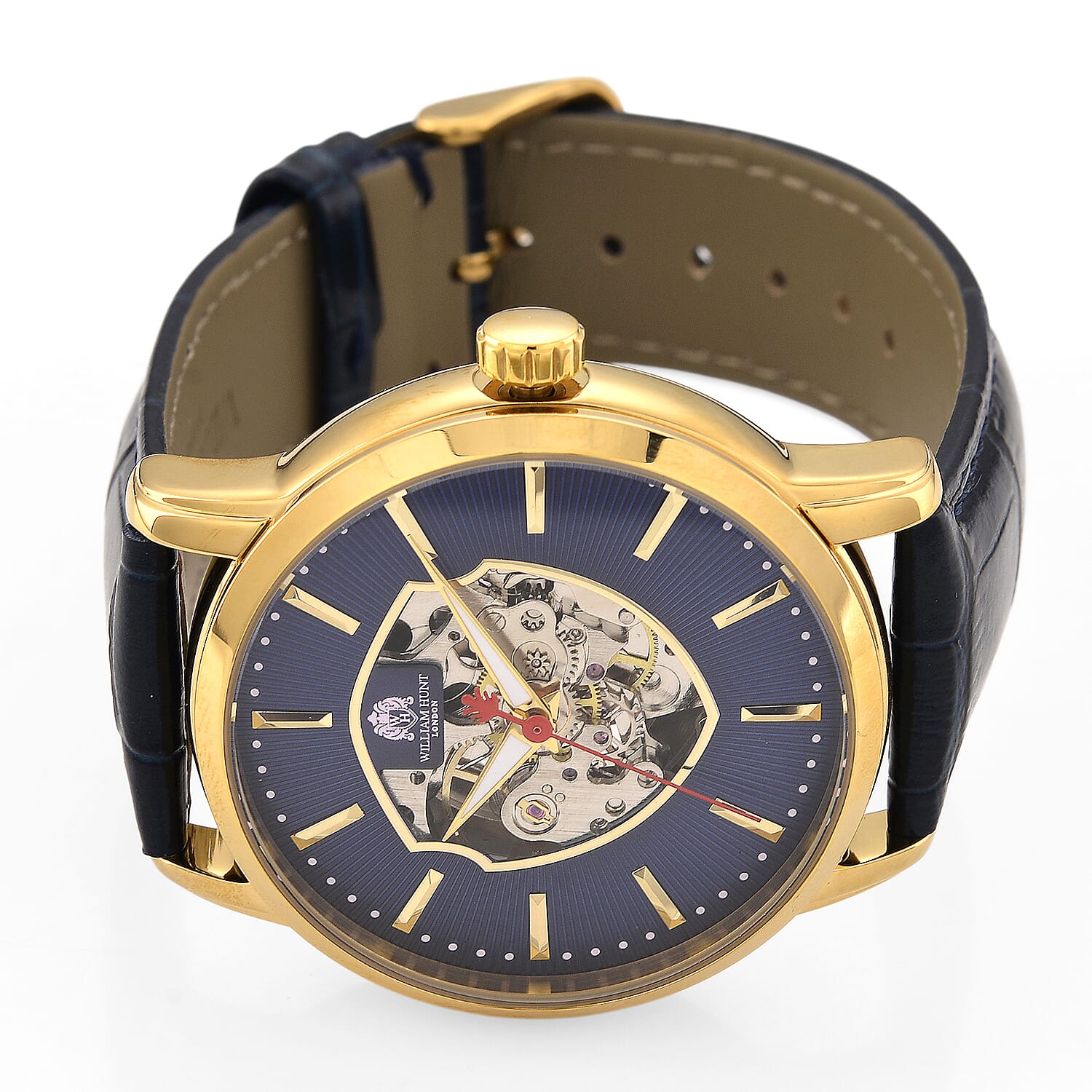 WILLIAM HUNT Automatic Movement 5 ATM Water Resistant Watch With Skeleton Display, Exhibition Back & Blue Leather Strap Presented in a Gift Box