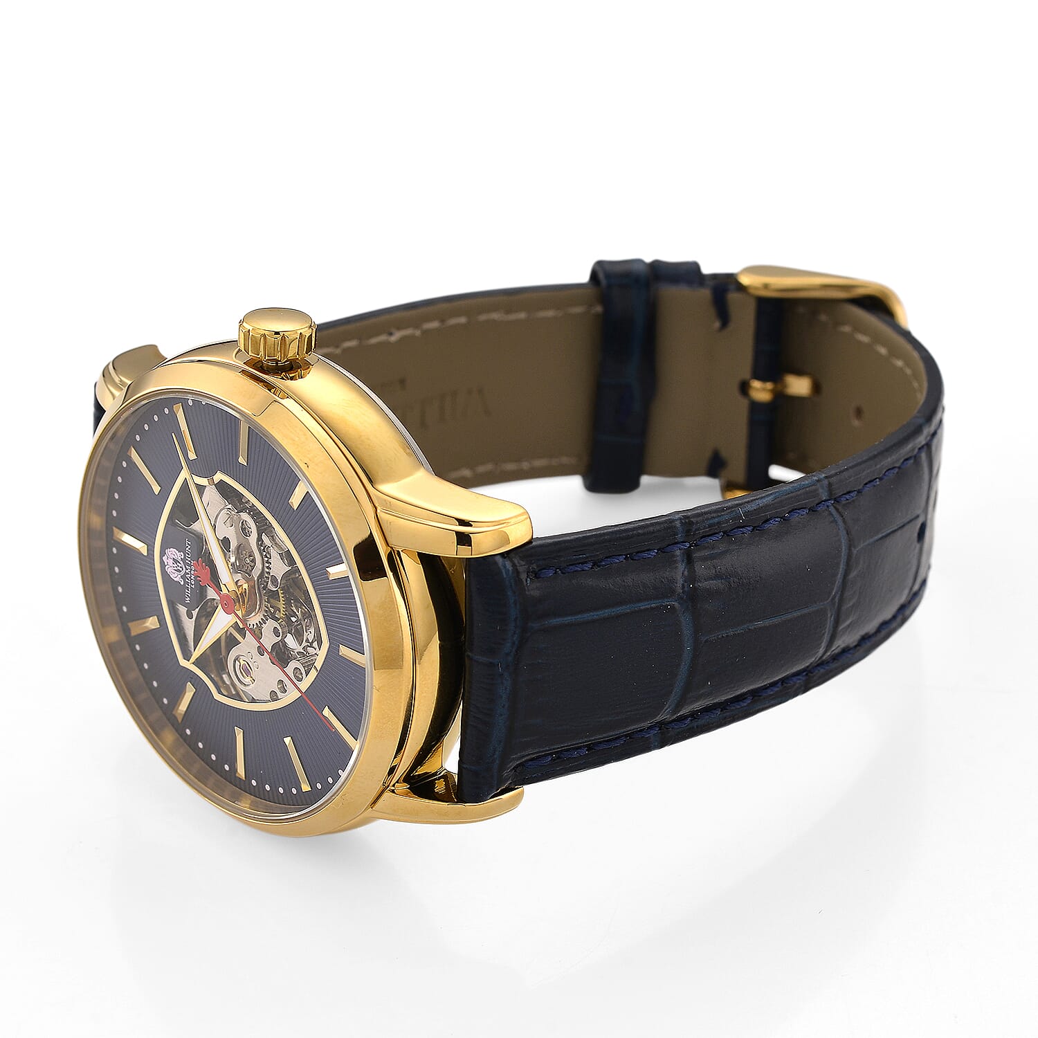 WILLIAM HUNT Automatic Movement 5 ATM Water Resistant Watch With Skeleton Display, Exhibition Back & Blue Leather Strap Presented in a Gift Box