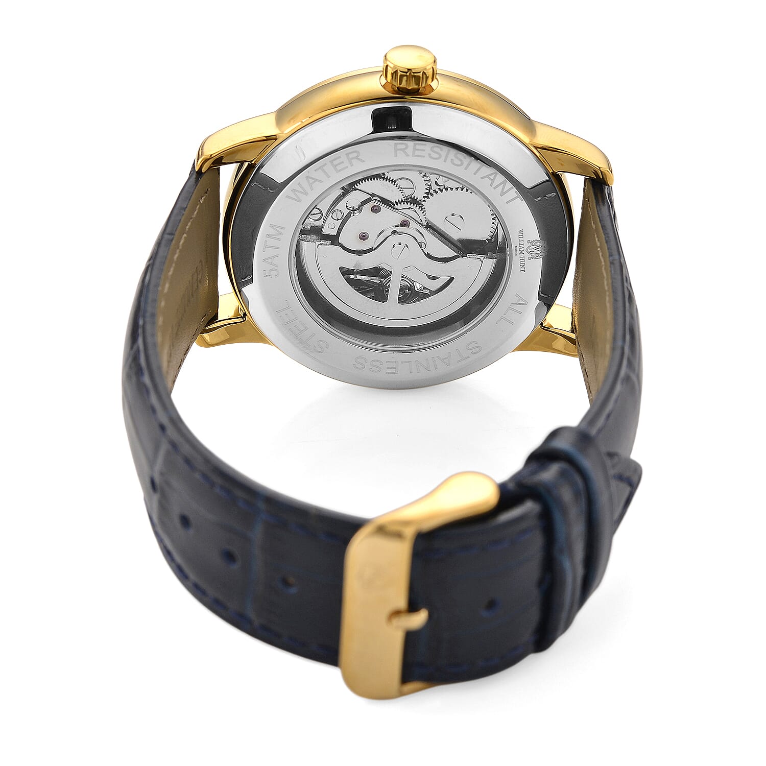 WILLIAM HUNT Automatic Movement 5 ATM Water Resistant Watch With Skeleton Display, Exhibition Back & Blue Leather Strap Presented in a Gift Box