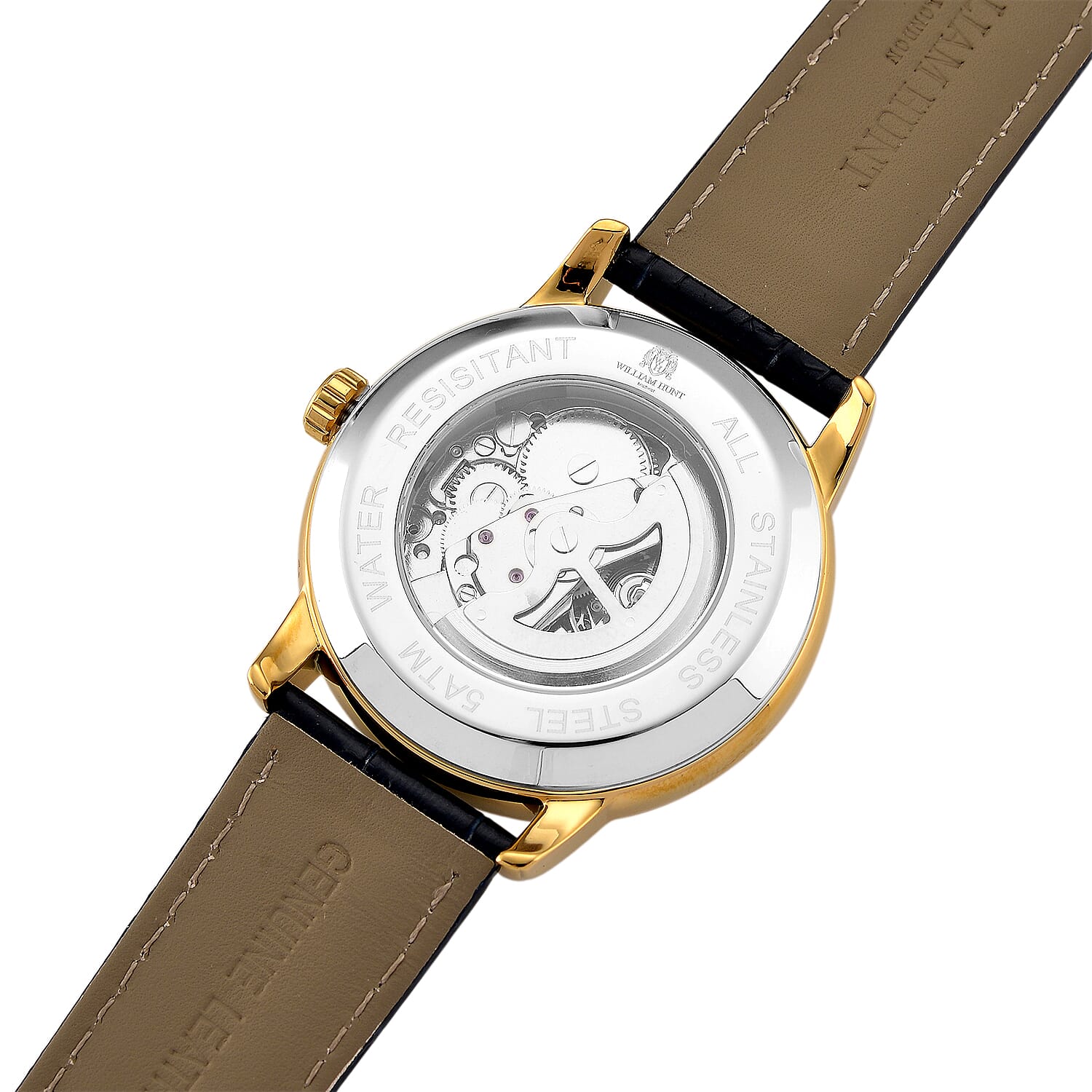 WILLIAM HUNT Automatic Movement 5 ATM Water Resistant Watch With Skeleton Display, Exhibition Back & Blue Leather Strap Presented in a Gift Box