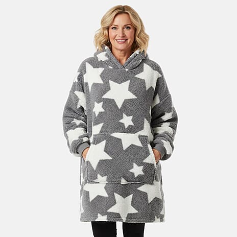 DOD - SLUMBER HUT Soft Sherpa Style White Star Print Hoodie (One Size) - Grey