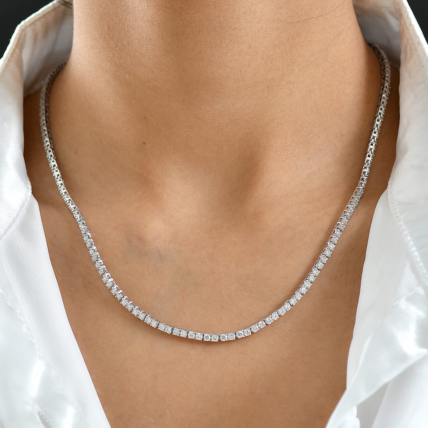Red Carpet Collection - Luxuriant Lab Grown Diamond SI-GH Tennis Necklace (Size - 18) in Rhodium Overlay Sterling Silver 7.50 Ct.