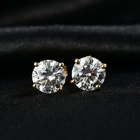 Moissanite Solitaire Stud Push Post Earring in 18K Vermeil Yellow Gold Plated Sterling Silver 2.88 Ct.