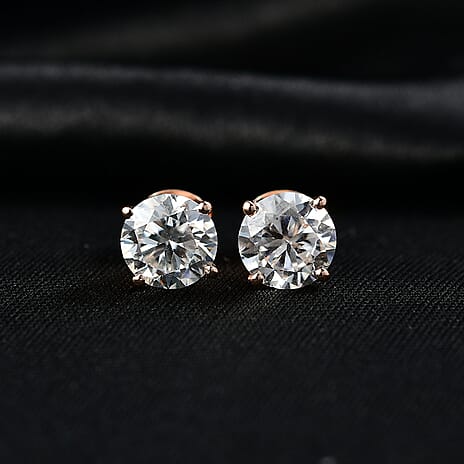 Moissanite Solitaire Stud Push Post Earring in 18K Vermeil Rose Gold Plated Sterling Silver 2.88 Ct.
