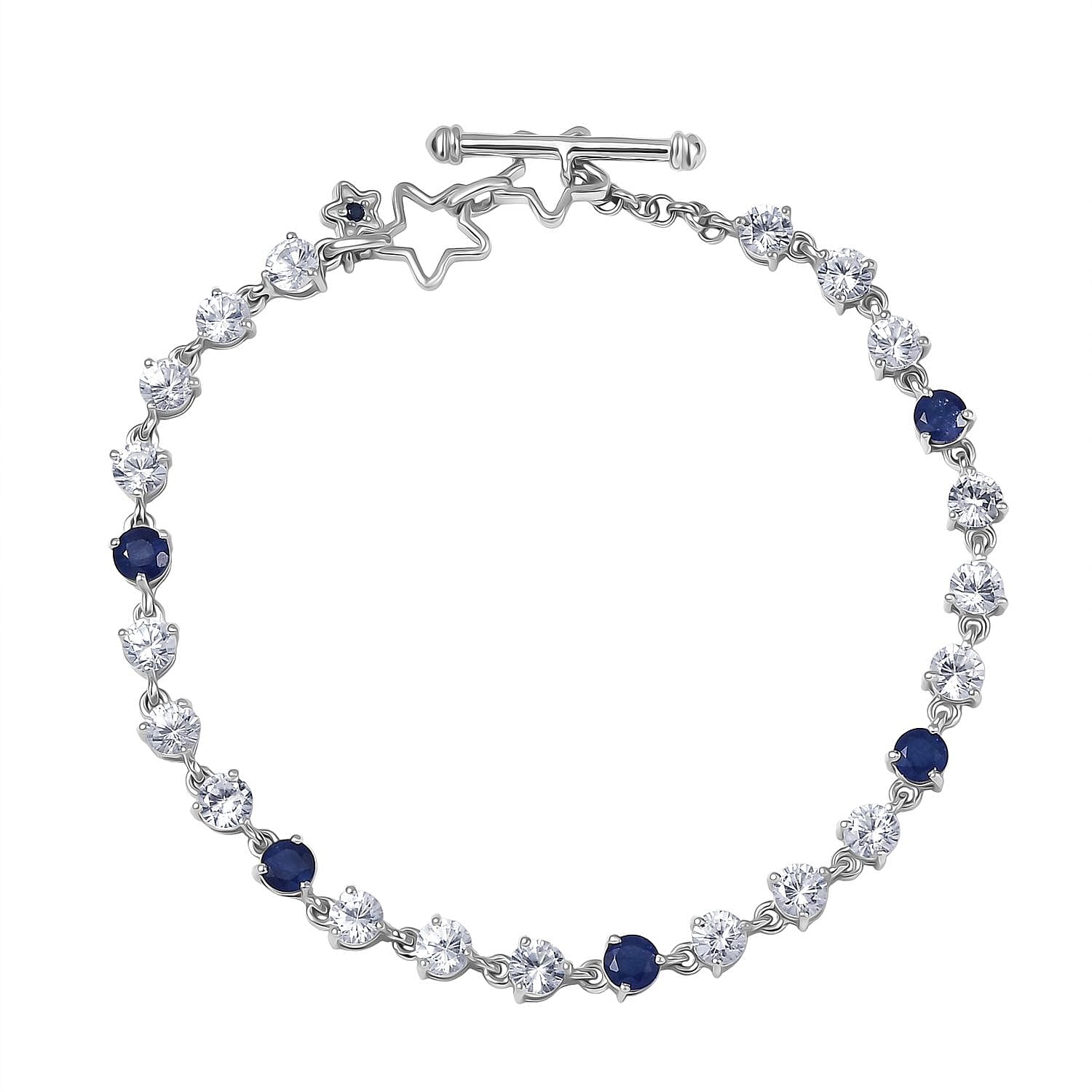 GP - Signature Collection Masoala Sapphire, Blue Sapphire & White Zircon Line Bracelet 1 Row (Size 7.5) in Rhodium Overlay Sterling Silver 9.69 Ct, Silver Wt. 6.07 Gms.