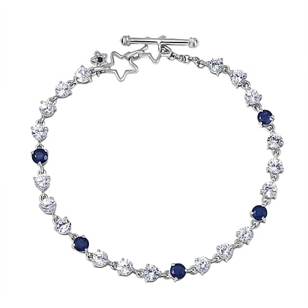 GP - Signature Collection Masoala Sapphire, Blue Sapphire & White Zircon Line Bracelet 1 Row (Size 7.5) in Rhodium Overlay Sterling Silver 9.69 Ct, Silver Wt. 6.07 Gms.