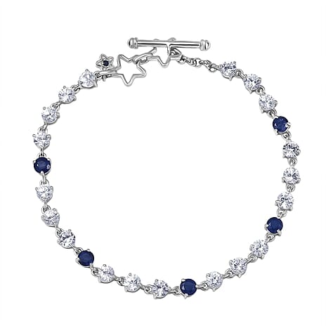 GP - Signature Collection Masoala Sapphire, Blue Sapphire & White Zircon Line Bracelet 1 Row (Size 7.5) in Rhodium Overlay Sterling Silver 9.69 Ct, Silver Wt. 6.07 Gms.