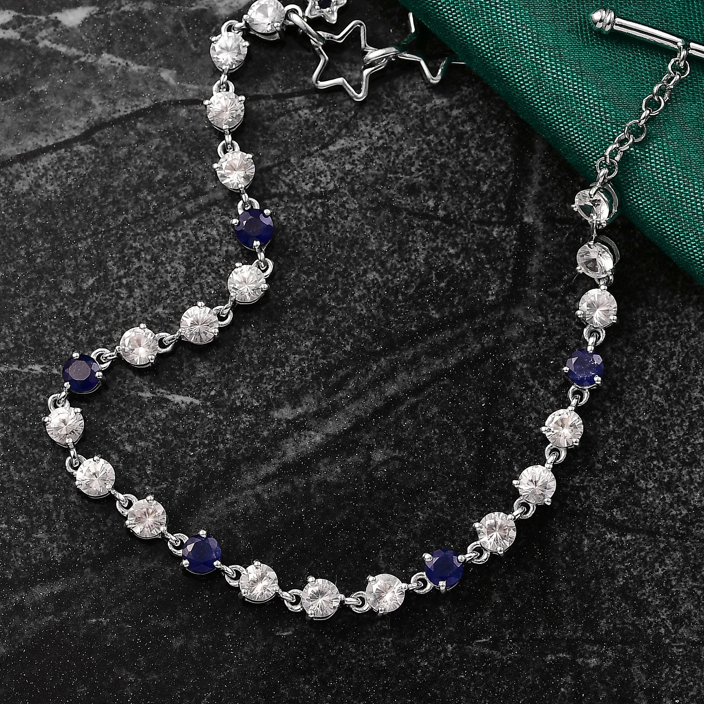 GP - Signature Collection Masoala Sapphire, Blue Sapphire & White Zircon Line Bracelet 1 Row (Size 7.5) in Rhodium Overlay Sterling Silver 9.69 Ct, Silver Wt. 6.07 Gms.