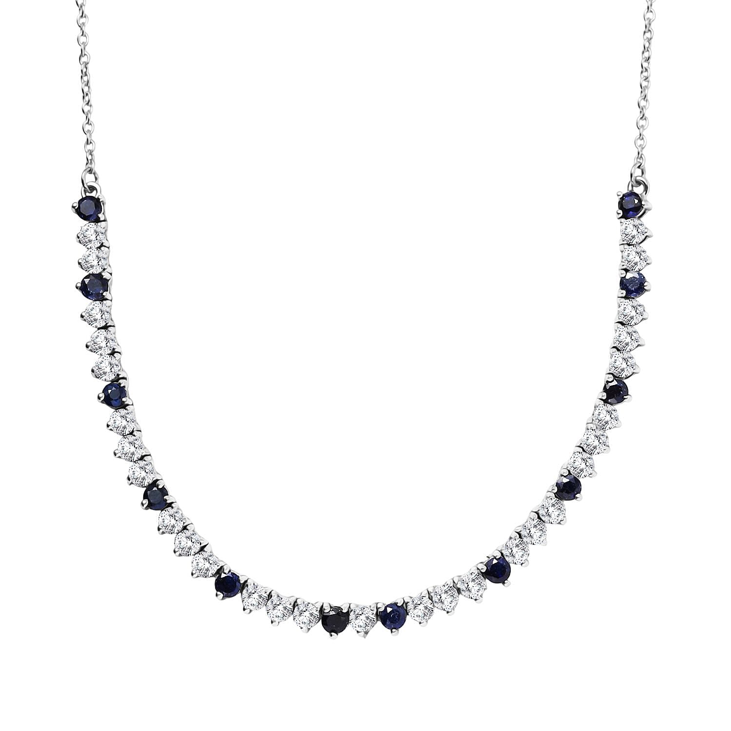 GP- Signature Collection Masoala Sapphire, Blue Sapphire & White Zircon Line Necklace (Size 20) in Rhodium Overlay Sterling Silver 7.20 Ct, Silver Wt. 9.34 Gms.