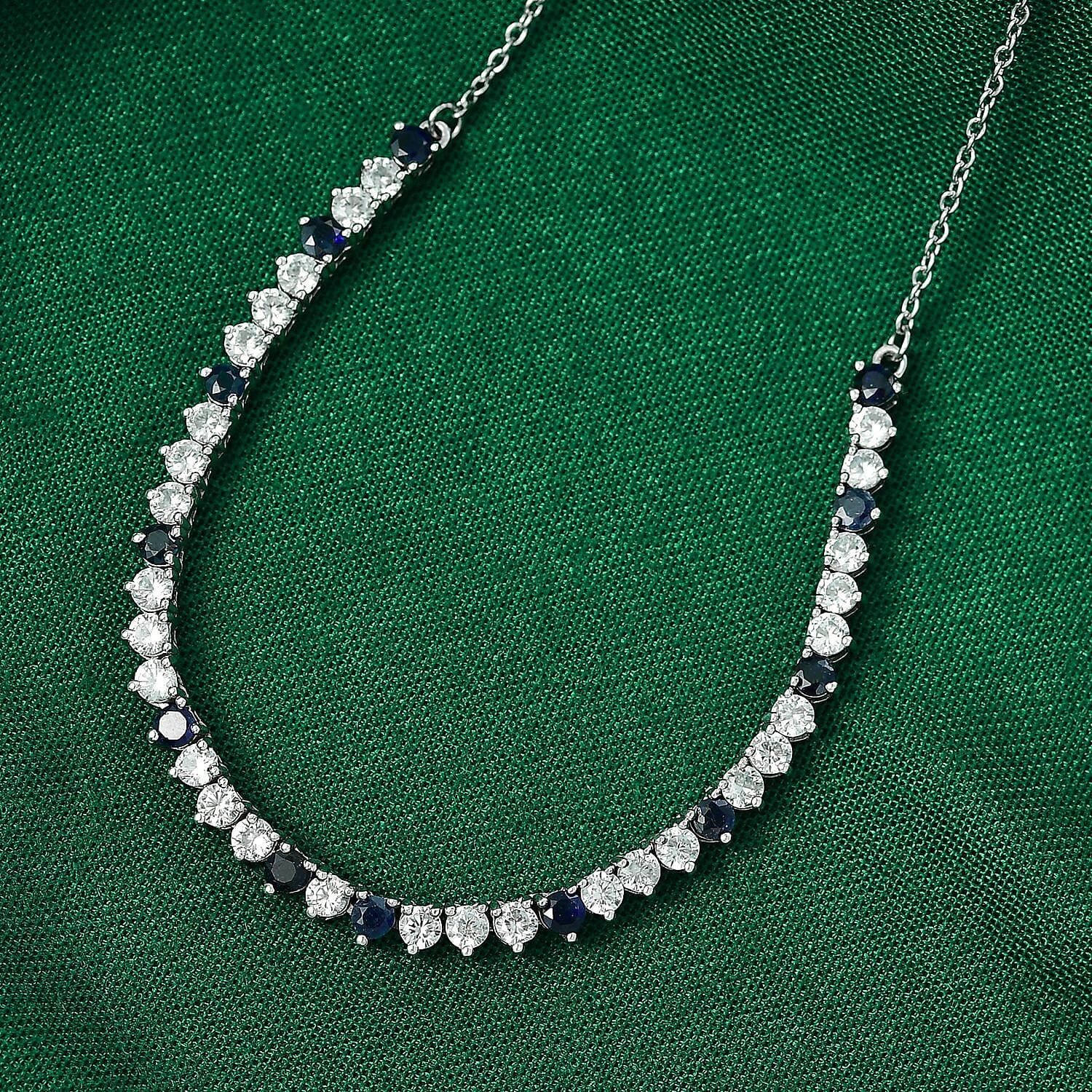 GP- Signature Collection Masoala Sapphire, Blue Sapphire & White Zircon Line Necklace (Size 20) in Rhodium Overlay Sterling Silver 7.20 Ct, Silver Wt. 9.34 Gms.