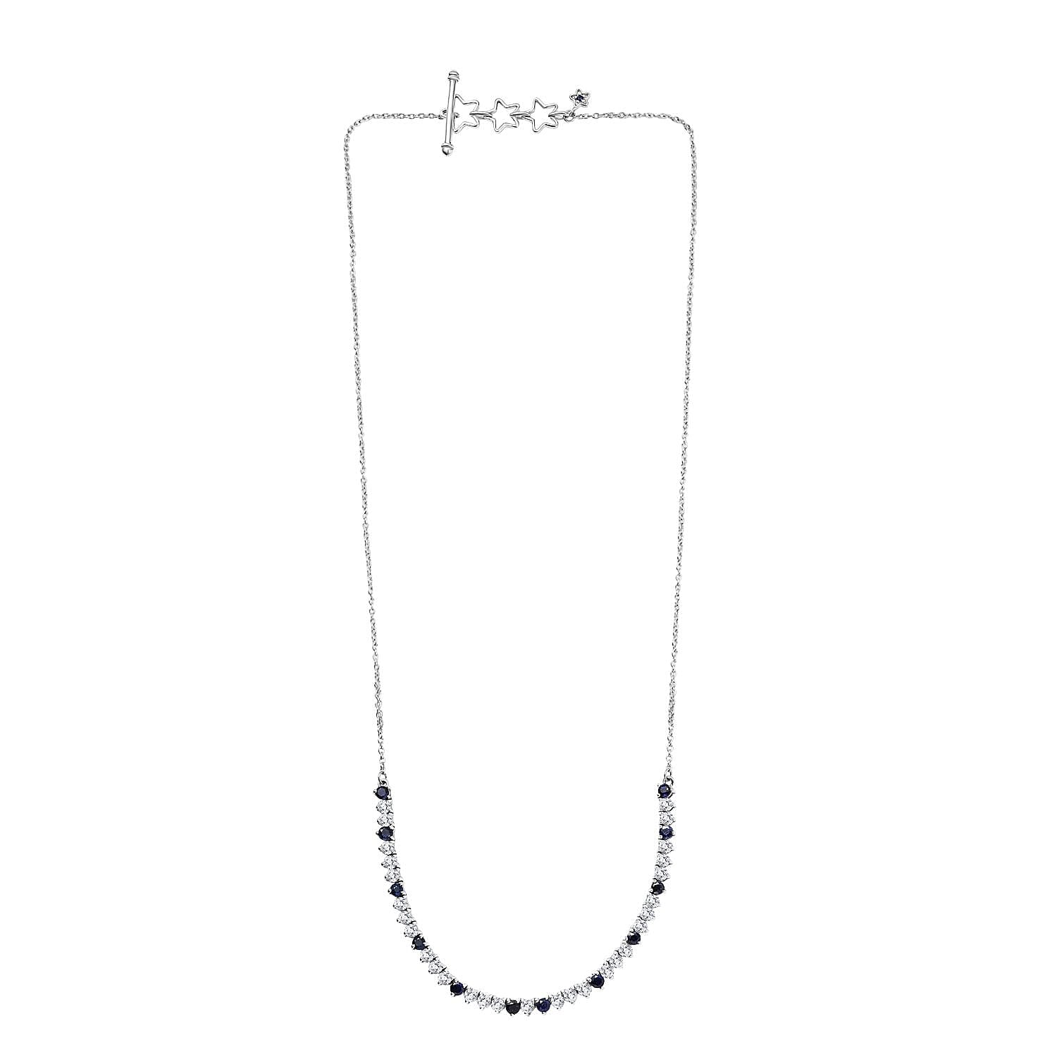 GP- Signature Collection Masoala Sapphire, Blue Sapphire & White Zircon Line Necklace (Size 20) in Rhodium Overlay Sterling Silver 7.20 Ct, Silver Wt. 9.34 Gms.