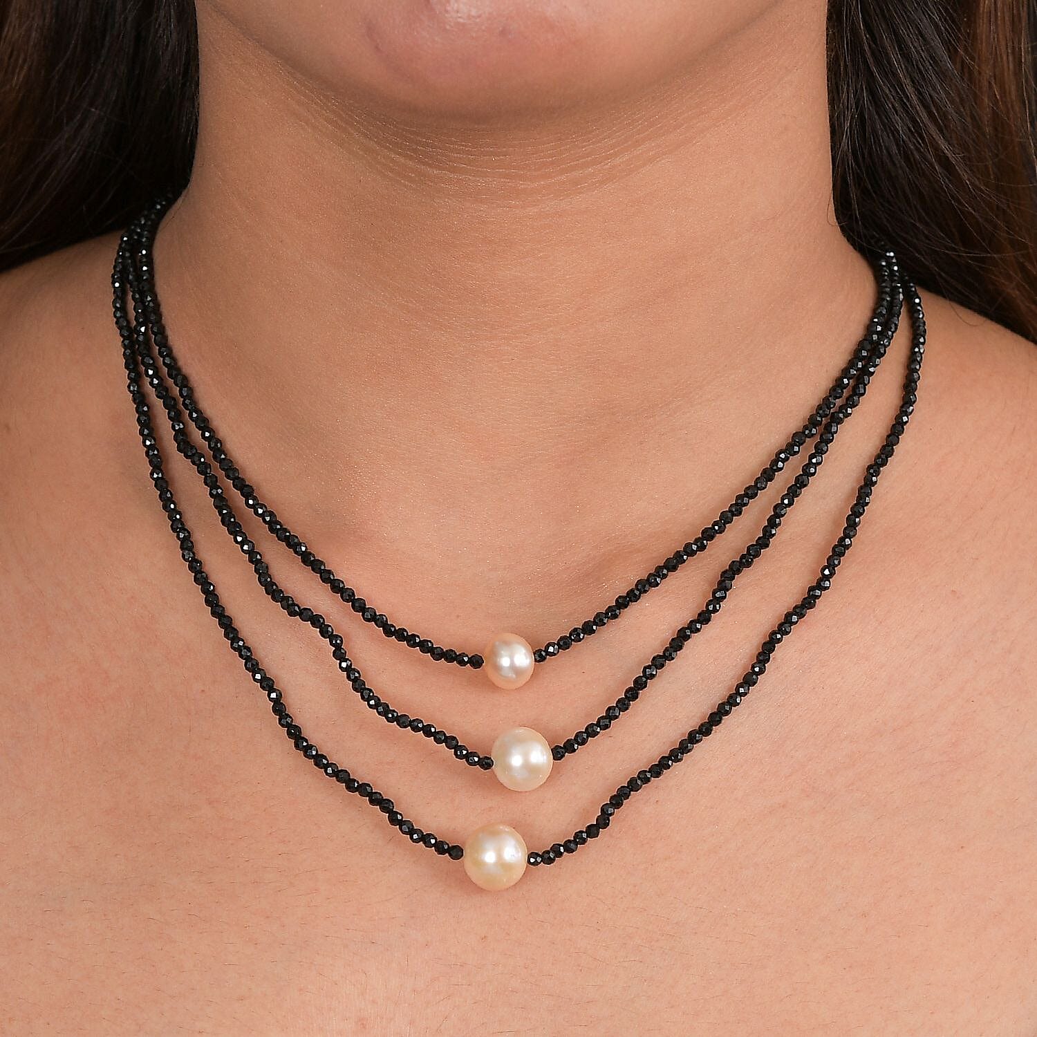 Boutique Collection - Natural Black Spinel & Fresh Water Pearl Triple Strand Necklace (Size 18 - 2) 69.00 Ct.