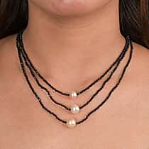 Boutique Collection - Natural Black Spinel & Fresh Water Pearl Triple Strand Necklace (Size 18 - 2) 69.00 Ct.