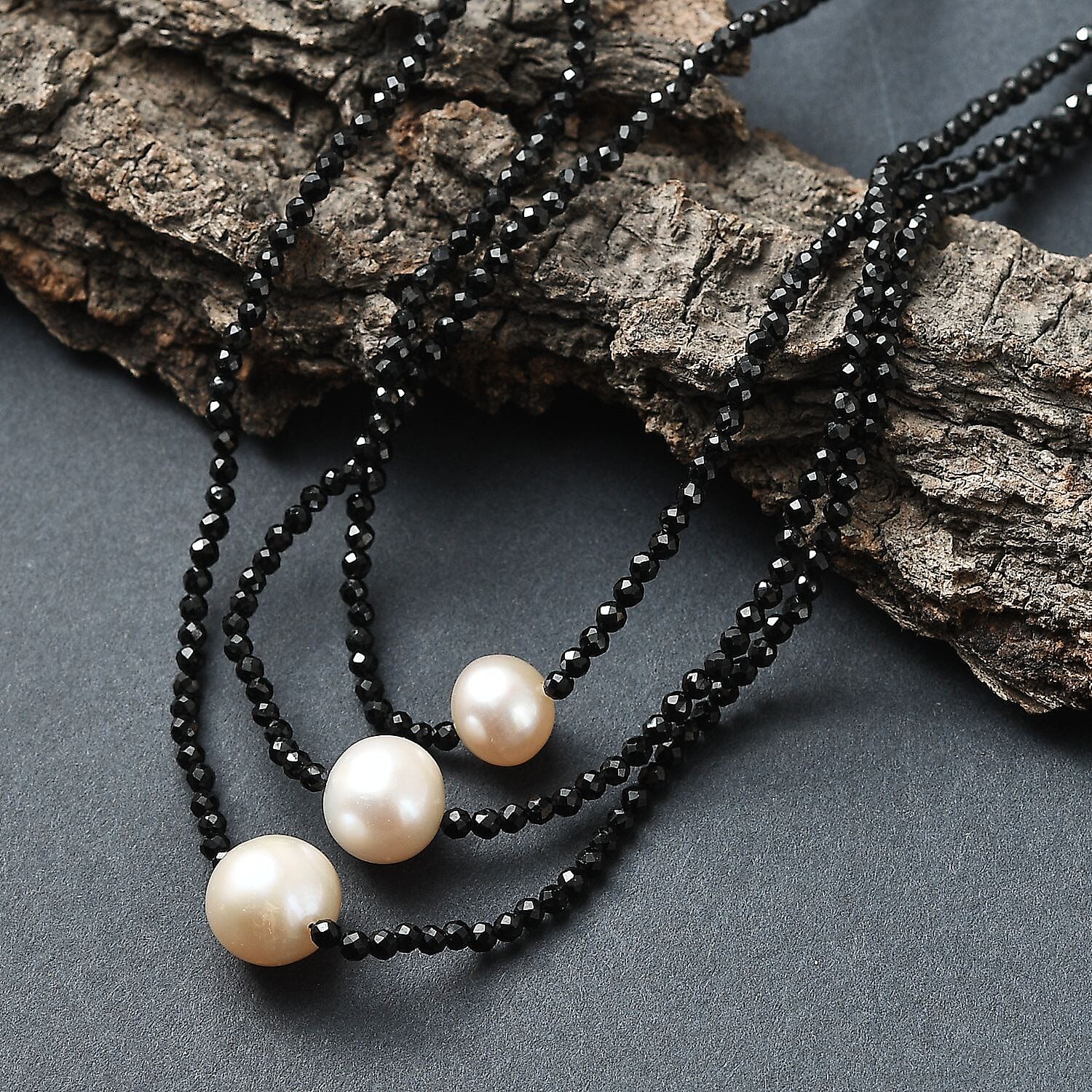 Boutique Collection - Natural Black Spinel & Fresh Water Pearl Triple Strand Necklace (Size 18 - 2) 69.00 Ct.