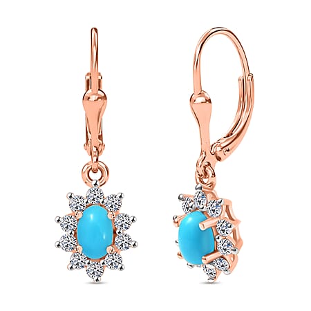 DOORBUSTER DEAL - LUXURIANT 1 Ct. Sleeping Beauty Turquoise, Lab Grown Diamond Halo Lever Back Earring in 18K Vermeil Rose Gold Plated Sterling Silver (SI/GH)
