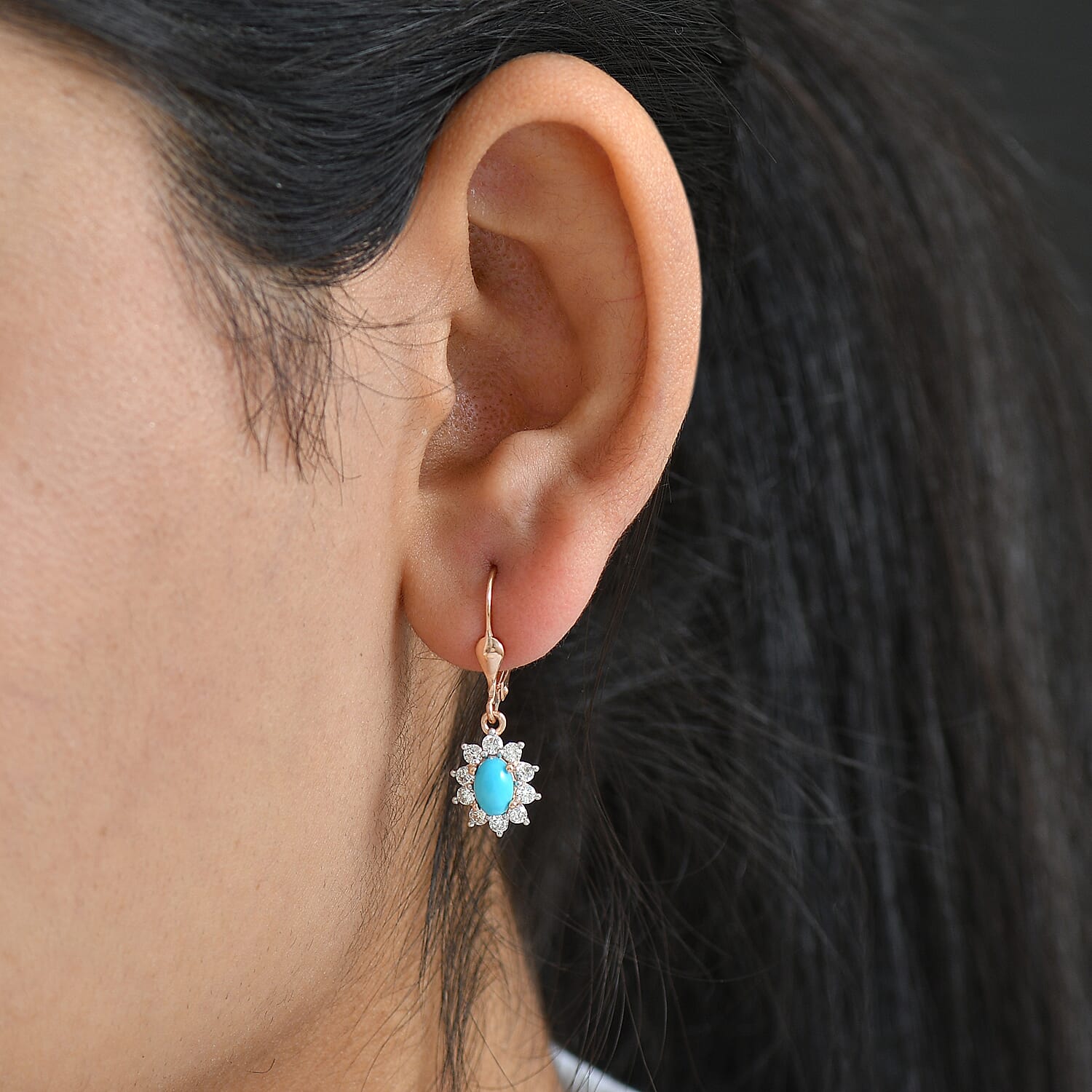 Black Friday Doorbuster Deal - Luxuriant Sleeping Beauty Turquoise & Lab Grown Diamond (SI-GH) Lever Back Earring in 18K Vermeil Rose Gold Plated Sterling Silver 1.70 Ct.