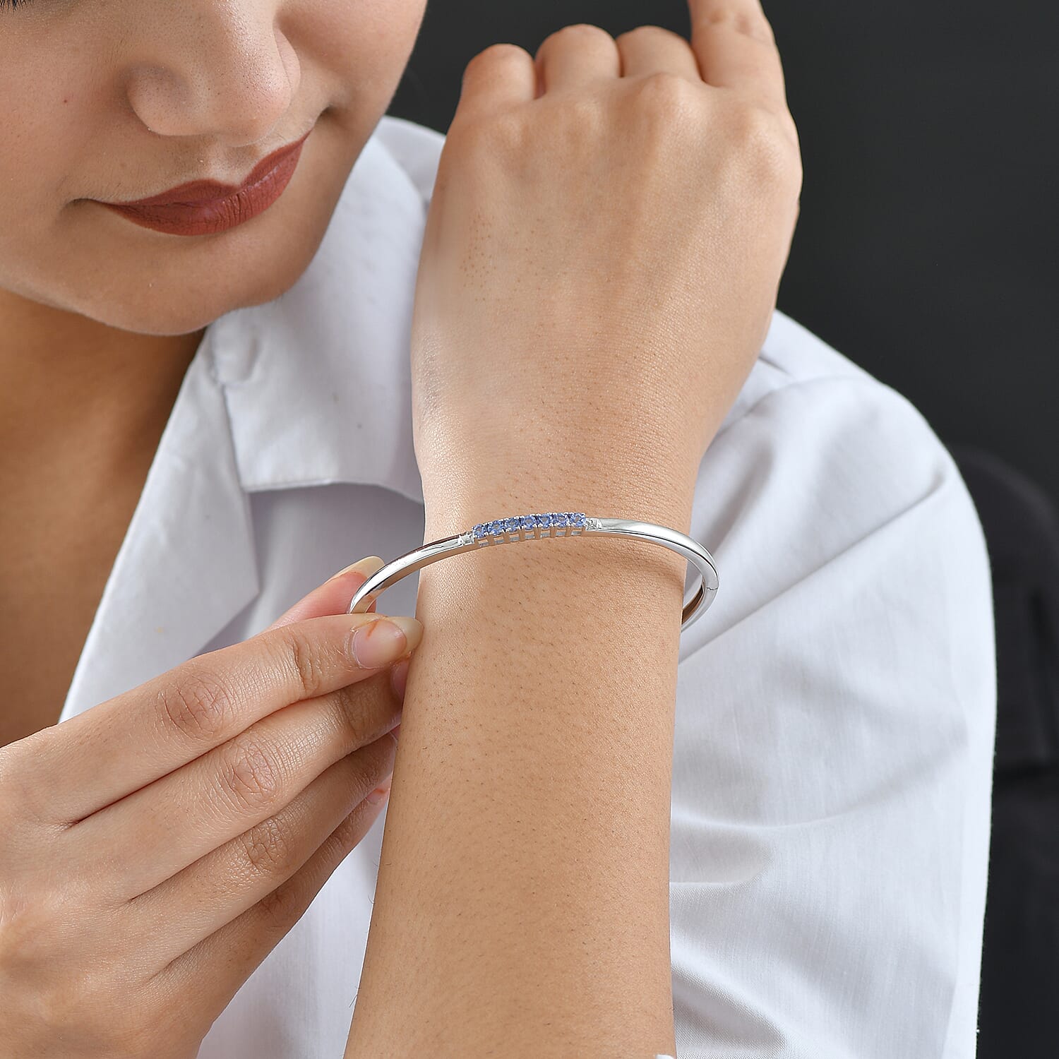 GP Celestial Dream Collection- Tanzanite & Blue Sapphire Full Bangle (Size 7.5) in Rhodium Overlay Sterling Silver, Silver Wt. 11.26 Gms.