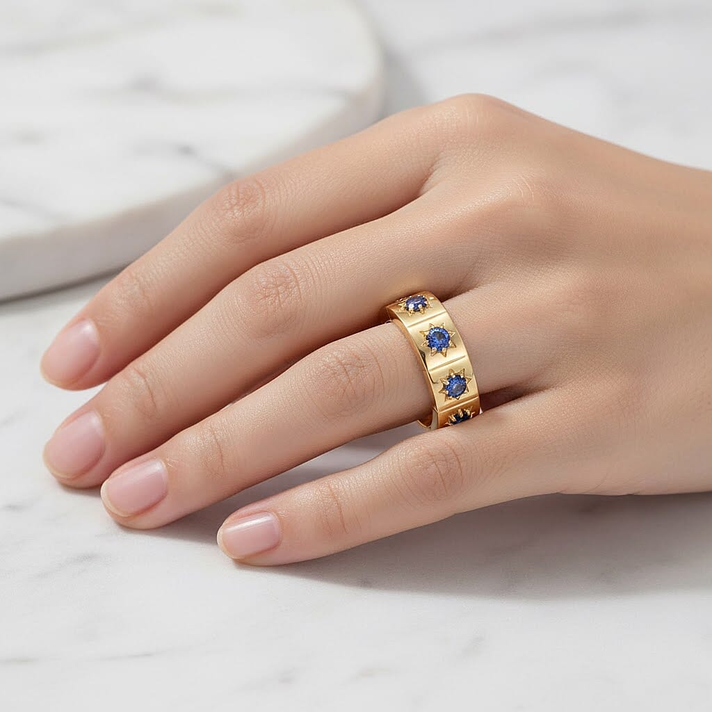 GP Celestial Dream Collection - Tanzanite & Blue Sapphire Half Eternity Band Ring in 18K Vermeil Yellow Gold Plated Sterling Silver