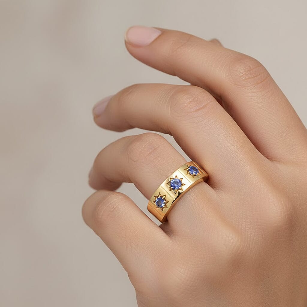 GP Celestial Dream Collection - Tanzanite & Blue Sapphire Half Eternity Band Ring in 18K Vermeil Yellow Gold Plated Sterling Silver