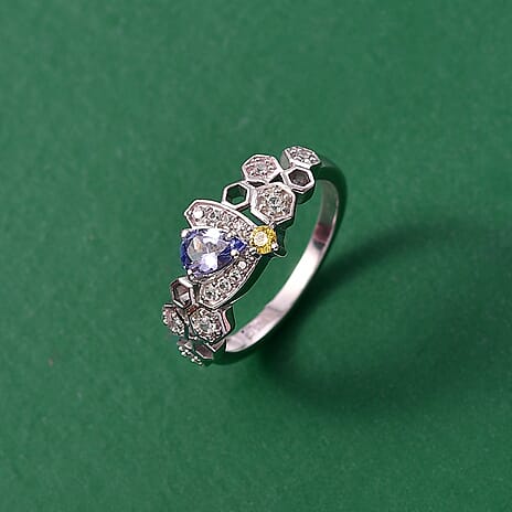 GP Honeycomb Collection - Tanzanite, Blue Sapphire, Yellow Sapphire & White Zircon Living Creature Ring in Rhodium Overlay Sterling Silver