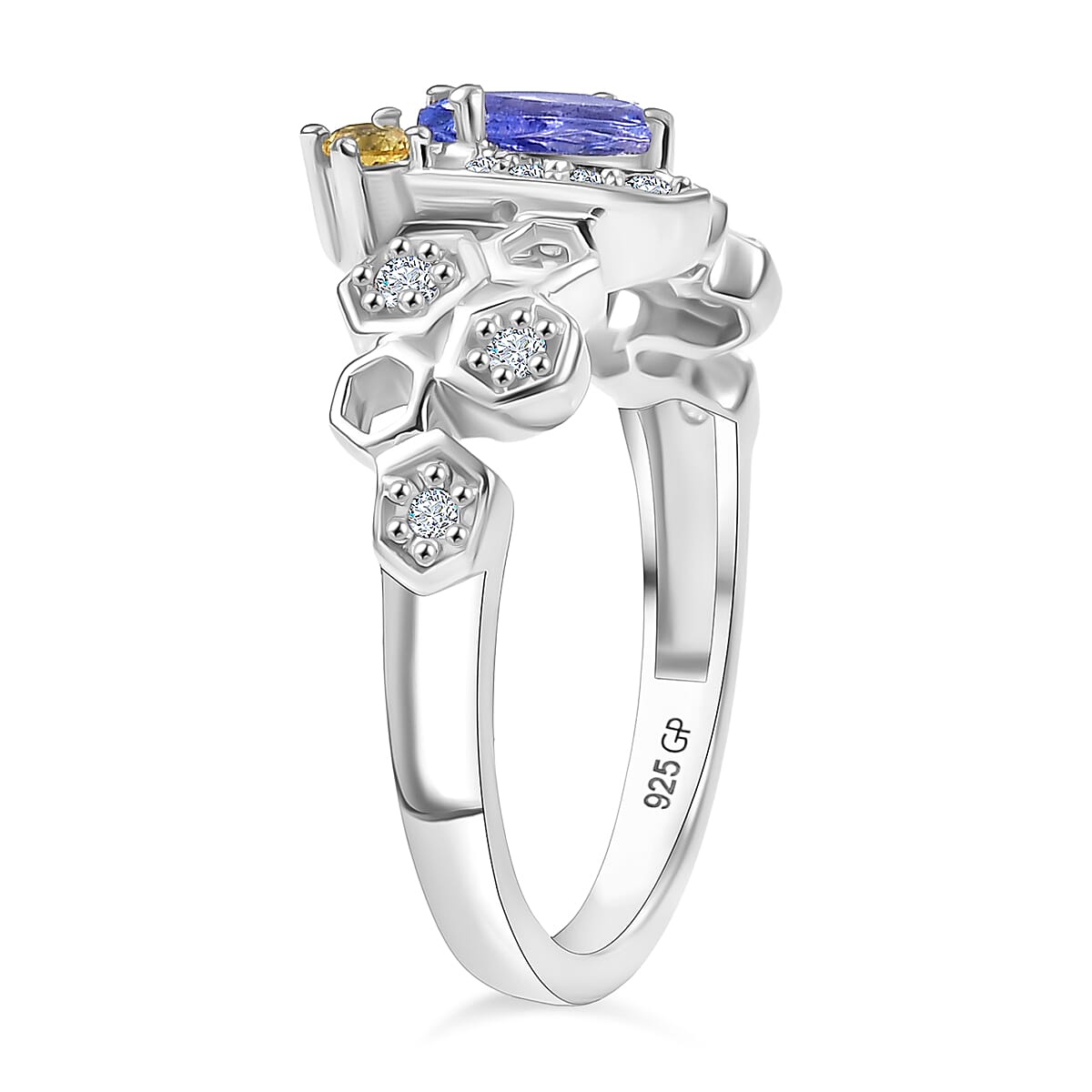 GP Honeycomb Collection - Tanzanite, Blue Sapphire, Yellow Sapphire & White Zircon Living Creature Ring in Rhodium Overlay Sterling Silver
