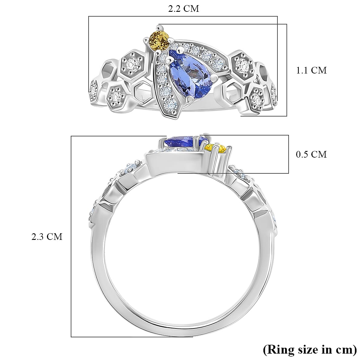 GP Honeycomb Collection - Tanzanite, Blue Sapphire, Yellow Sapphire & White Zircon Living Creature Ring in Rhodium Overlay Sterling Silver