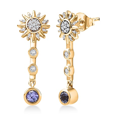 GP Celestial Dream Collection - Tanzanite, Blue Sapphire & White Zircon Dangling Earring in 18K Vermeil Yellow Gold Plated Sterling Silver 1.02 Ct.