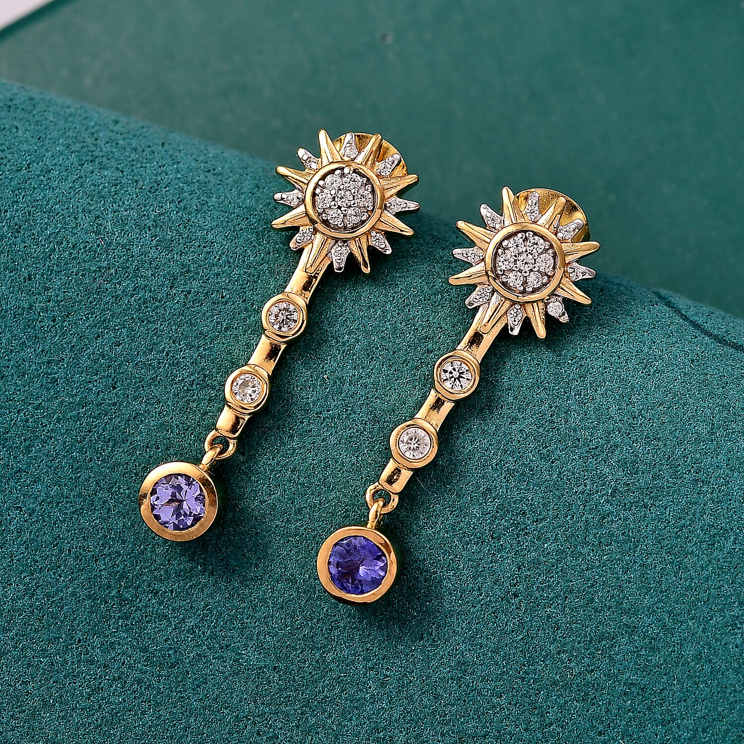 GP Celestial Dream Collection - Tanzanite, Blue Sapphire & White Zircon Dangling Earring in 18K Vermeil Yellow Gold Plated Sterling Silver 1.02 Ct.