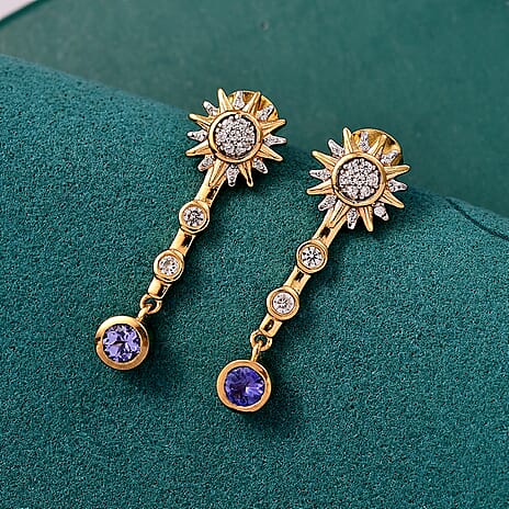 GP Celestial Dream Collection - Tanzanite, Blue Sapphire & White Zircon Dangling Earring in 18K Vermeil Yellow Gold Plated Sterling Silver 1.02 Ct.