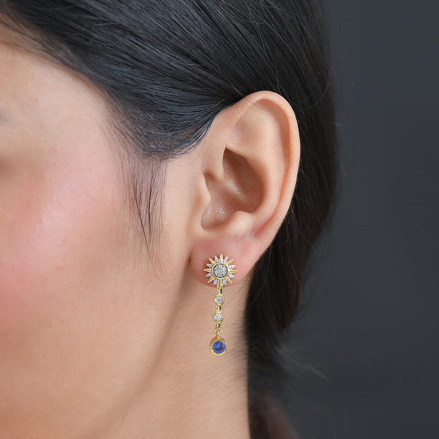 GP Celestial Dream Collection - Tanzanite, Blue Sapphire & White Zircon Dangling Earring in 18K Vermeil Yellow Gold Plated Sterling Silver 1.02 Ct.