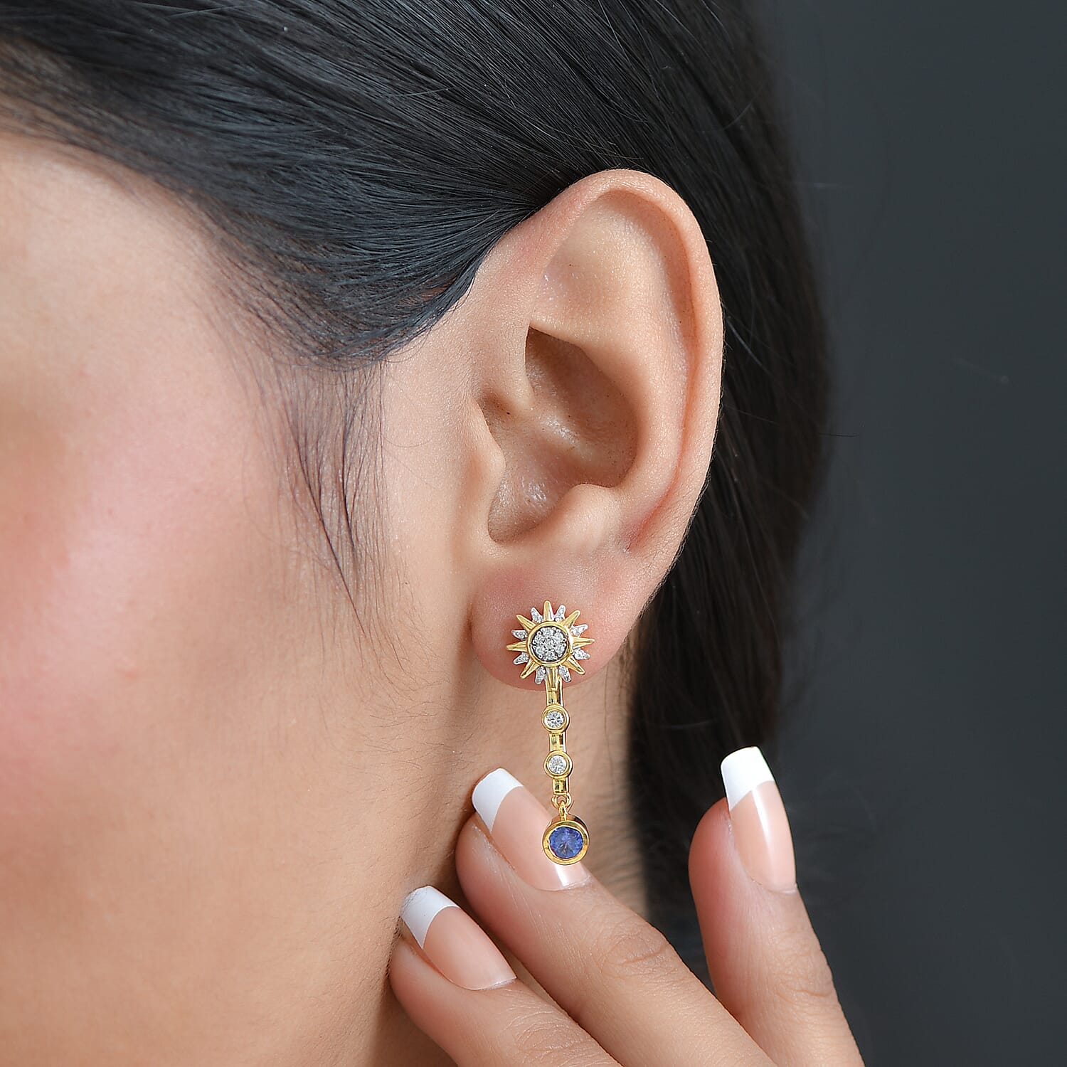 GP Celestial Dream Collection - Tanzanite, Blue Sapphire & White Zircon Dangling Earring in 18K Vermeil Yellow Gold Plated Sterling Silver 1.02 Ct.